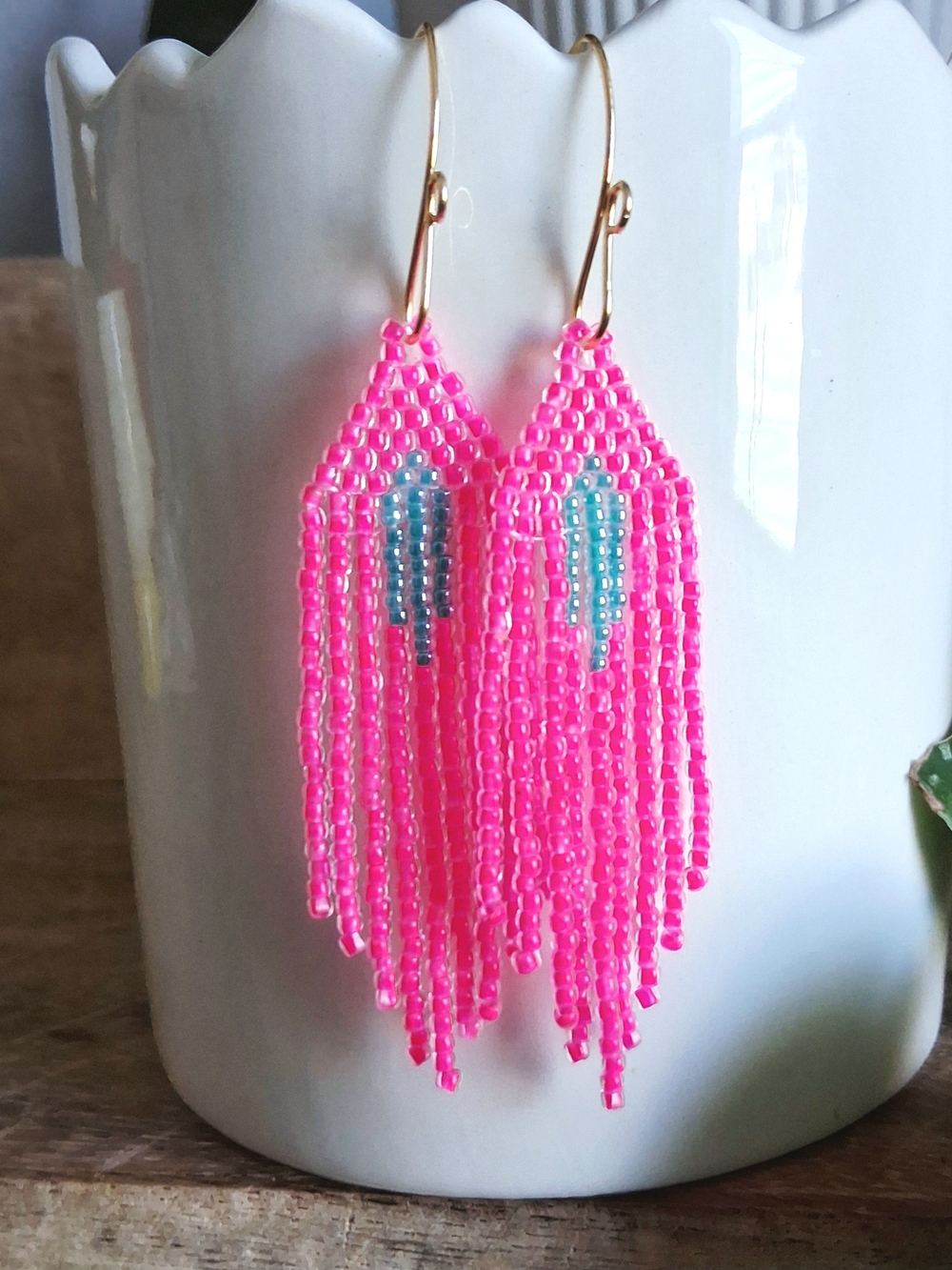 Neon Pink Beaded Fringe Earrings with Aqua Accent and Gold Hooks